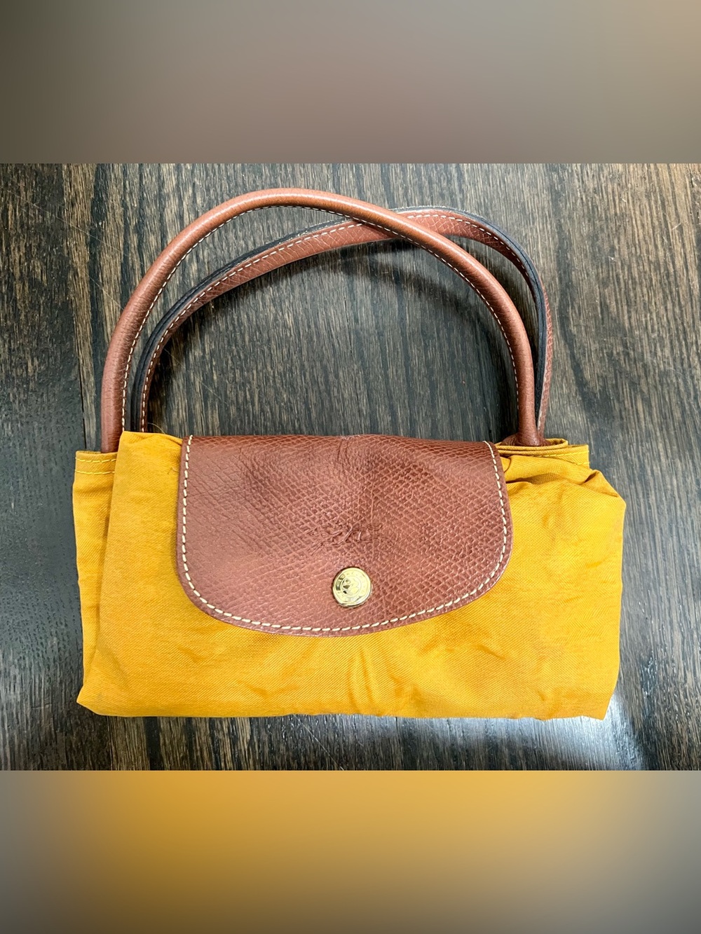 Longchamp Le Pliage Large Tote Mustard Yellow Brown Leather Foldable Bag - Picture 10 of 10